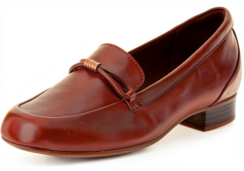 Clarks Juliet Shine Womens Loafers Black Leather displayed alongside office attire and travel bag