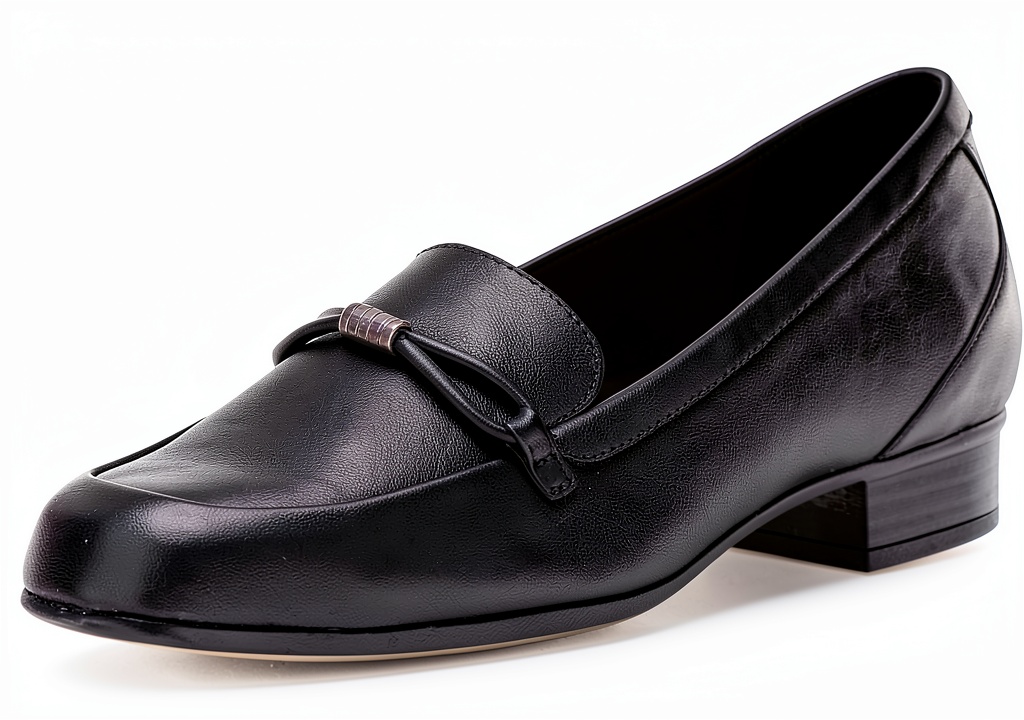 Clarks womens loafers in black leather on a neutral background