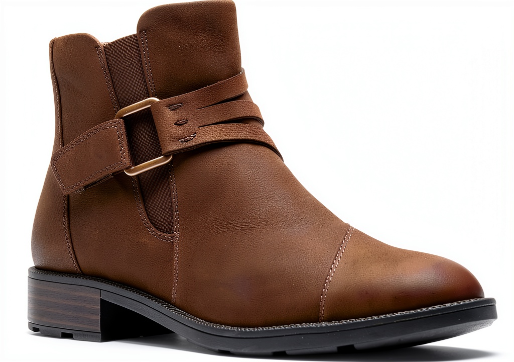 Clarks Women’s Ankle Boots Nubuck Buckle Strap Comfort being slipped on a wooden bench during a rainy commute
