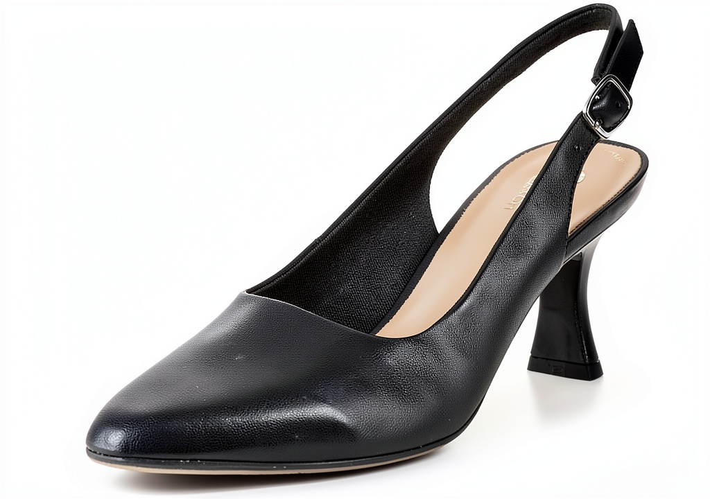 Close‑up of Clarks women's leather pumps showing Contoured Comfort and Cushion Plus technology on a wooden desk