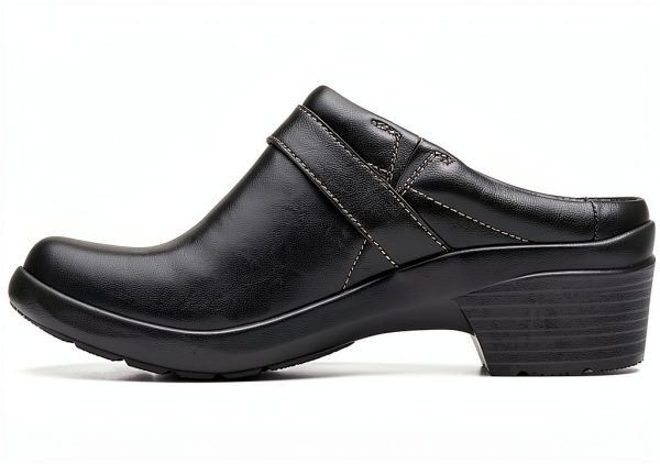 Clarks Womens Black Leather Mules Comfort Footbed-4
