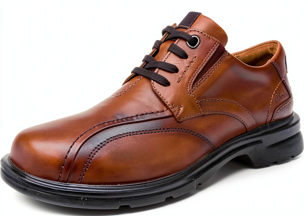 Clarks Mens Oxfords Leather Comfort Cushion Plus Shoes being unboxed on a wooden desk