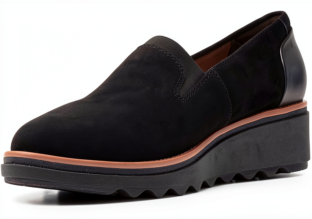 Close‑up of Clarks women’s black suede loafers showing Ortholite footbed and stretch‑gore panels on a wooden desk