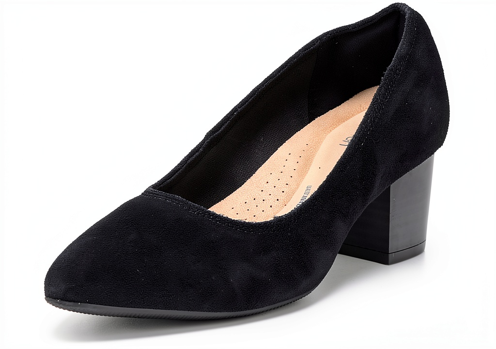 Clarks womens black suede pumps on a professional background