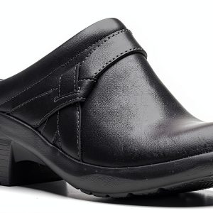Clarks Womens Black Leather Mules Comfort Footbed-0