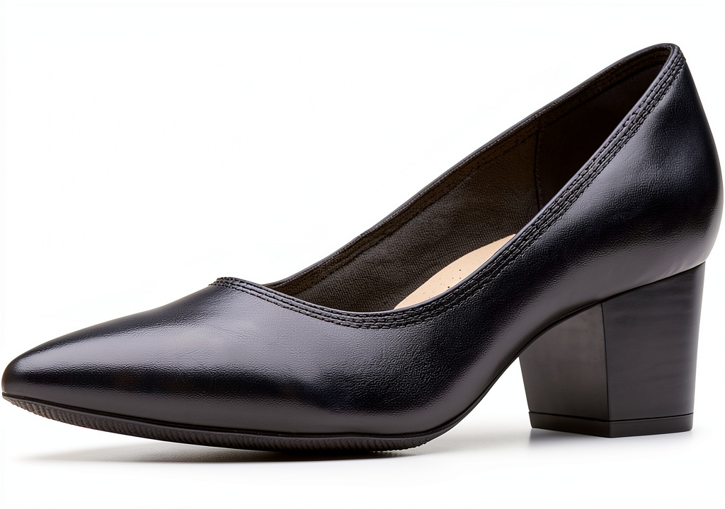 'Clarks womens pumps in black leather displayed on a neutral background'