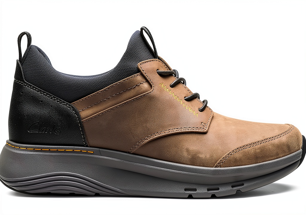 Installing Clarks Mens Leather Sneakers Comfort Casual Shoes Black Grey on a wooden desk