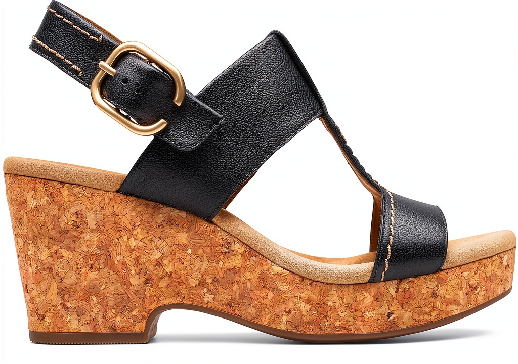 Clarks Women’s Leather Wedge Sandals being tried on a wooden bench during a sunny outdoor wedding