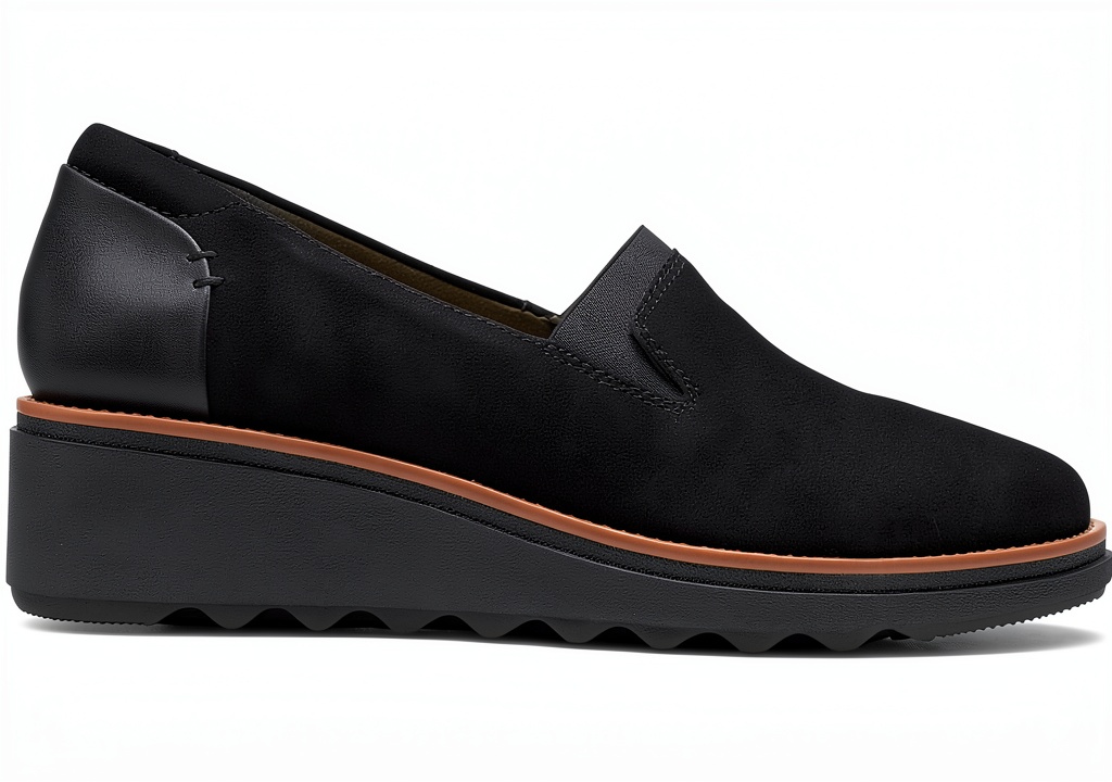 Clarks womens loafers in Black Suede and Dark Tan World colors