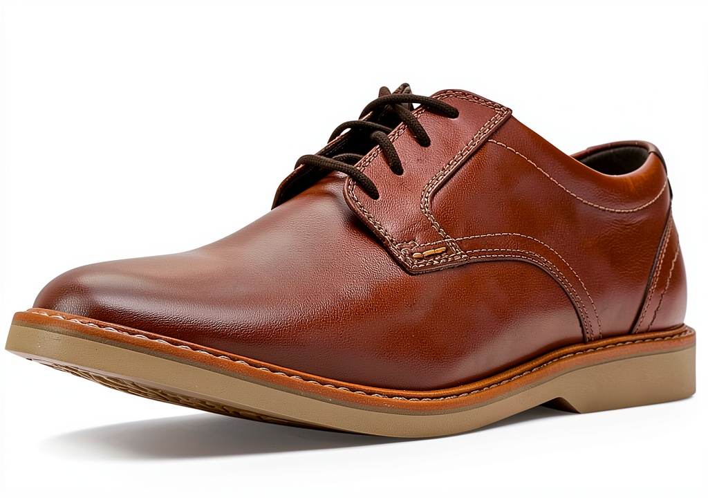 Clarks Radcliff Low Oxfords in Tan Leather on a wooden floor
