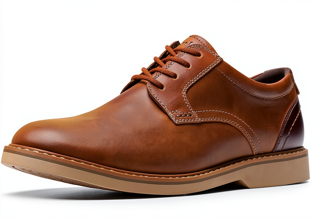Clarks mens Oxfords in beeswax leather displayed on a wooden surface