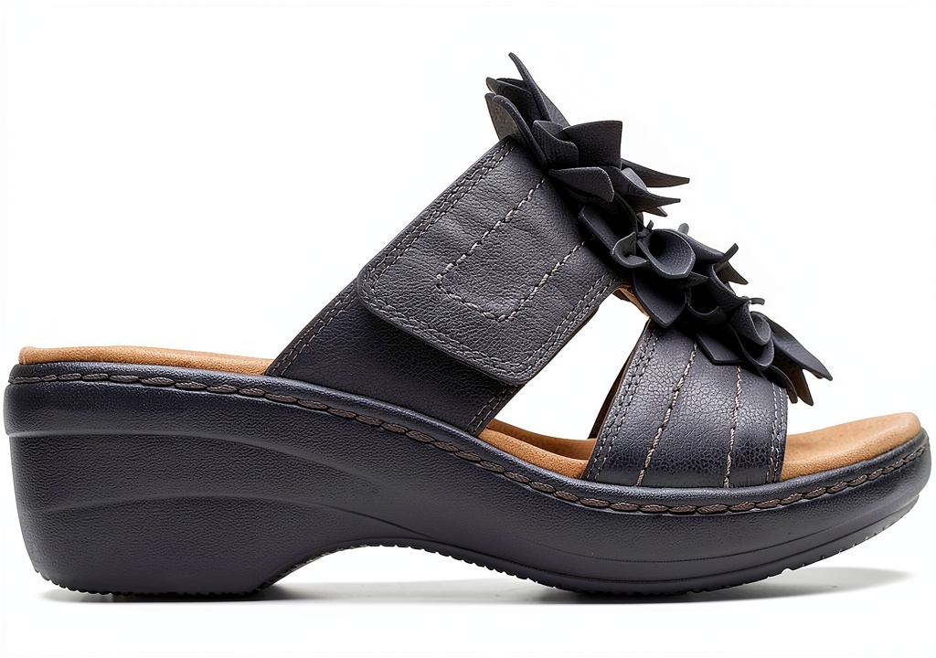 Clarks womens slide sandals showing floral leather details and strap closure